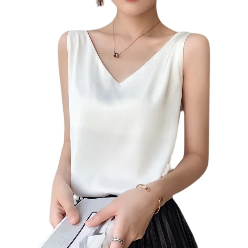 Débardeur en soie pour femme, en soie glacée, dos élégant, blanc et noir, style décontracté, col en V, pour l'été, taille L