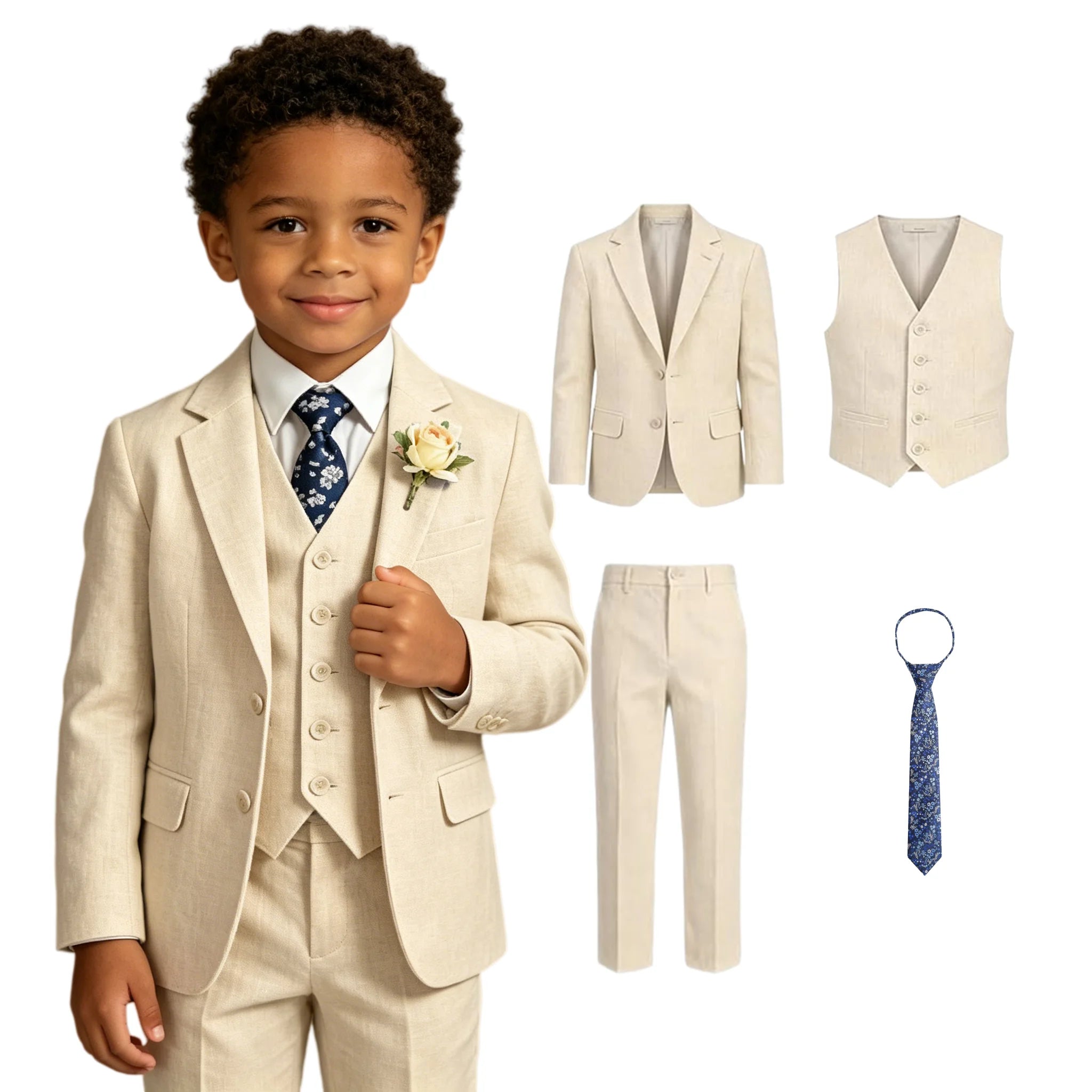 Costume en lin pour garçon, smoking 4 pièces coupe classique pour enfants, veste, gilet, pantalon, cravate, pour communion, performance au piano, ou rôle de porteur d'alliances