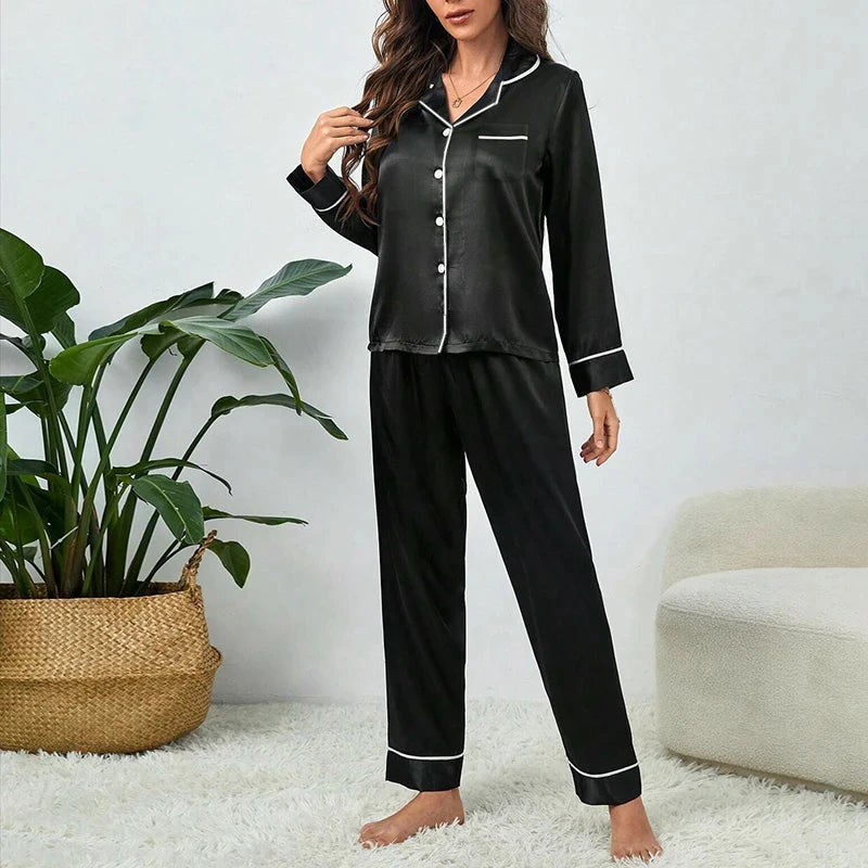 Pyjama grande taille pour femme, ensemble deux pièces en soie glacée, manches longues, vêtements de nuit, couleur unie, automne et hiver