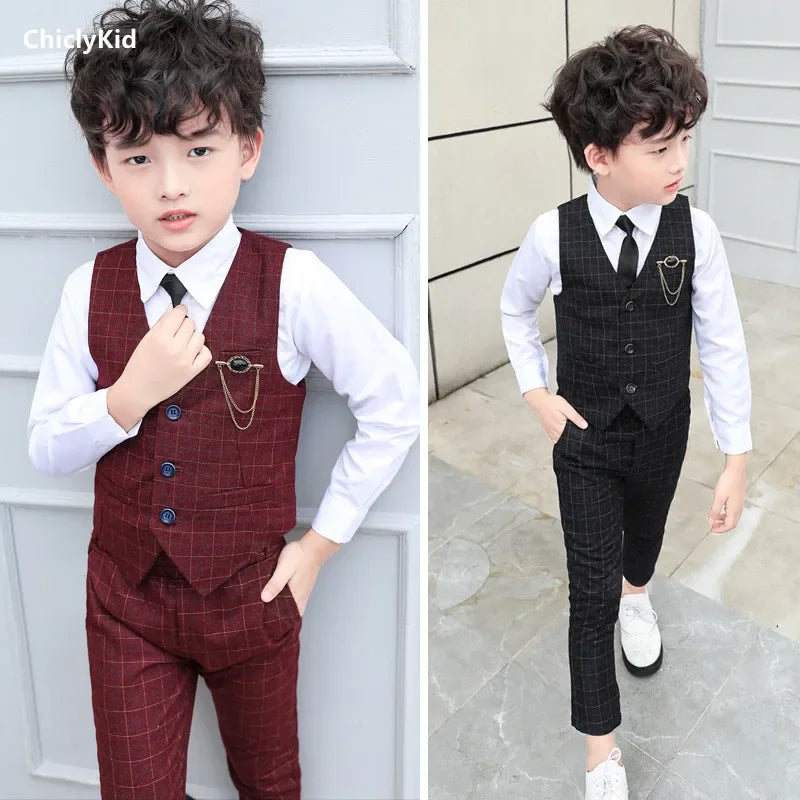 Garçon Plaid gilet Blazer enfants gilet vêtements de mariage ensemble enfant en bas âge robe formelle costume enfant broche chemise pantalon bébé messieurs tenue