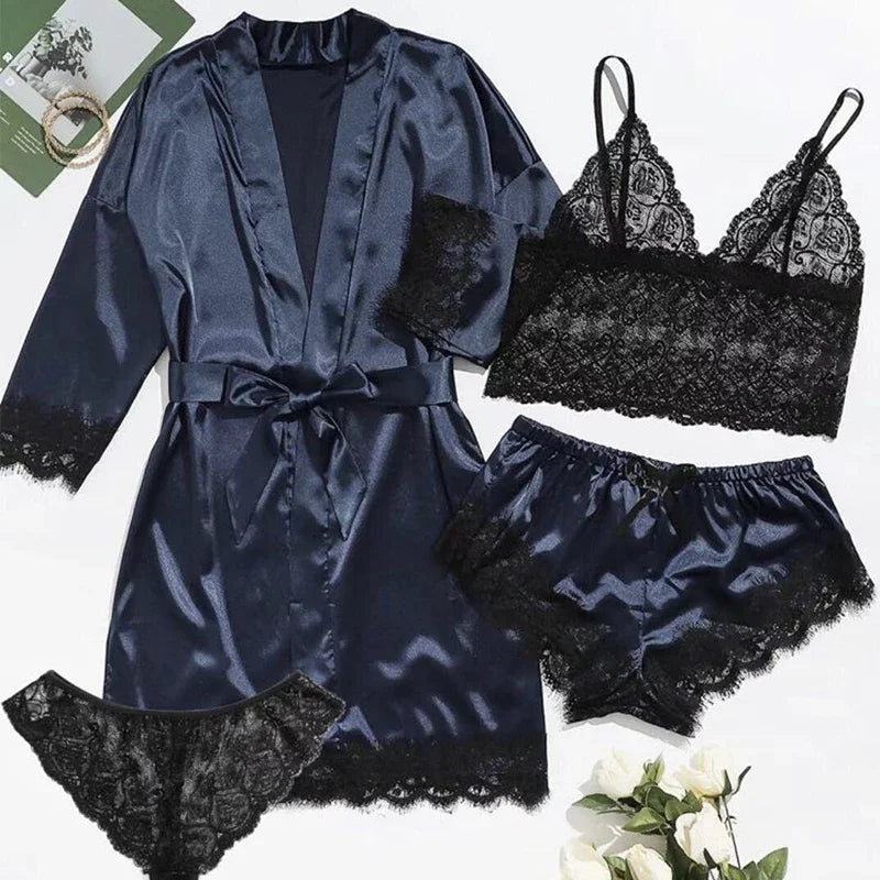 Pyjama Sexy pour femmes, chemises de nuit, Lingerie, short, 4 pièces, Camisole en dentelle, ensemble pyjama, Robe de maison, vêtements de loisirs