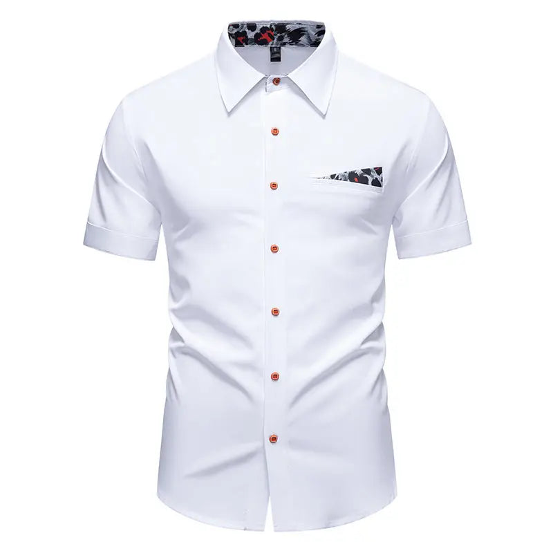 Chemise blanche décontractée à manches courtes pour homme, col à revers à simple boutonnage, chemises de bureau tendance pour homme avec patchwork