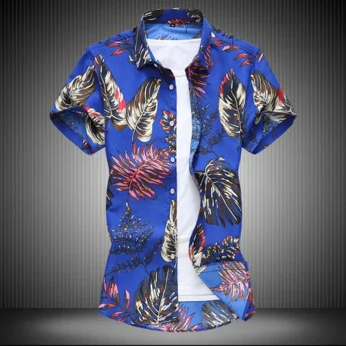 Chemise imprimée pour hommes, chemises de plage à manches courtes col carré simple boutonnage noir violet Camisa taille asiatique M-7XL