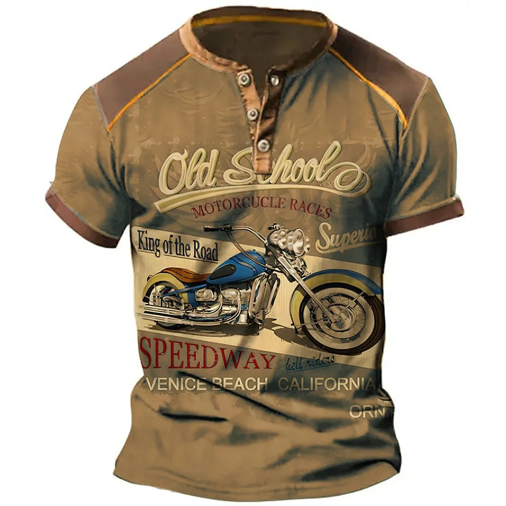 Chemises Henley pour hommes tendance, t-shirts amusants à imprimé 3D de moto, hauts décontractés d'été à manches courtes boutonnées, vêtements de sport pour la conduite en extérieur
