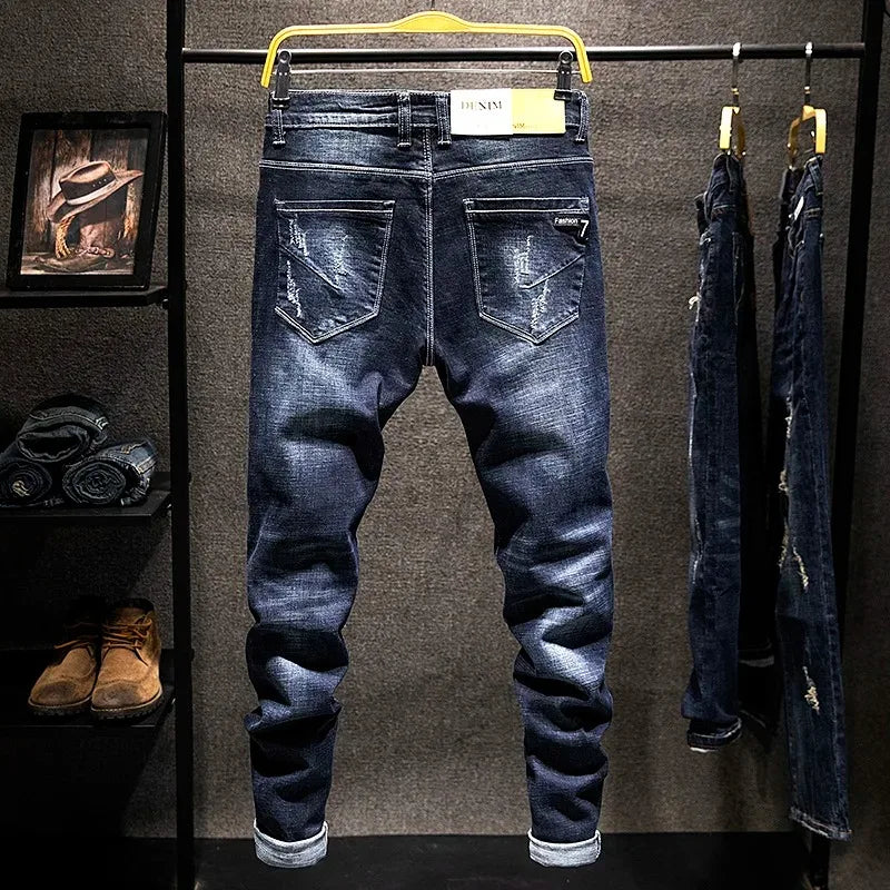 Jean droit élastique américain pour hommes, pantalon en Denim en coton déchiré, coupe Slim, Style coréen, mode bleu noir, vêtements pour hommes