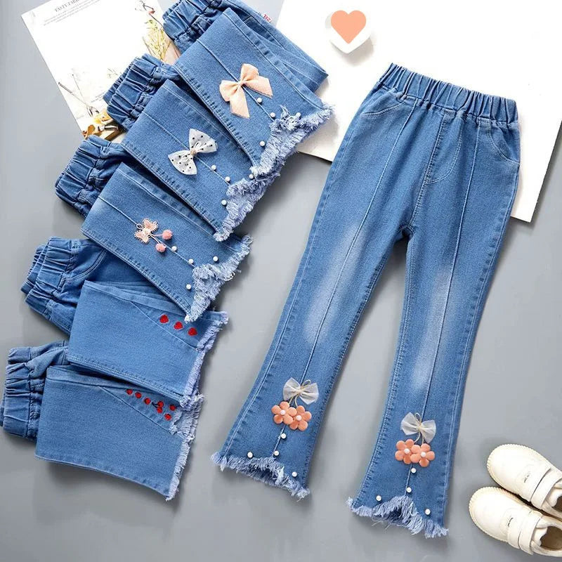 Jeans pour filles de 3 à 12 ans, pantalons longs en dentelle, à la mode, doux, avec nœud coréen, évasé, amples, décontractés, nouvelle collection 2024