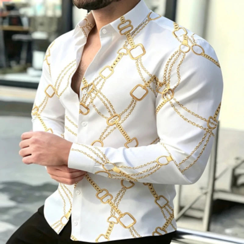Chemise à manches longues pour homme avec imprimé chaîne dorée, style décontracté chic européen et américain pour jeunes, imprimé tendance pour homme, quotidien