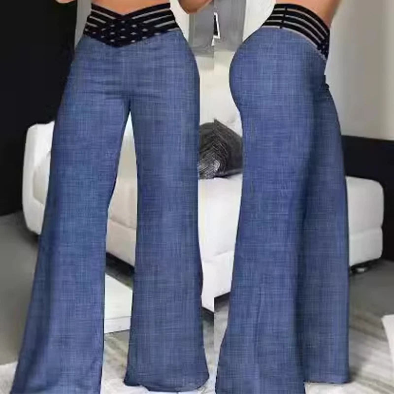 Pantalon évasé à jambes larges pour femmes, décontracté, croisé, Patch en maille transparente, taille haute, Streetwear Y2k, pantalon de travail élégant, automne