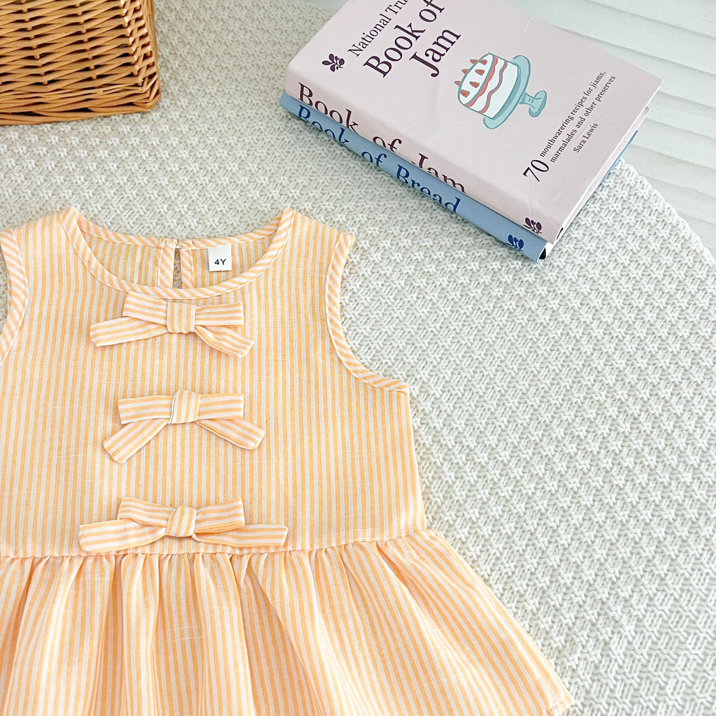 Costumes d'été pour filles, ensemble deux pièces sans manches avec nœud à rayures verticales bleues, haut + pantalon, vêtements doux pour enfants