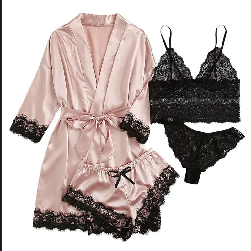 Pyjama Sexy pour femmes, chemises de nuit, Lingerie, short, 4 pièces, Camisole en dentelle, ensemble pyjama, Robe de maison, vêtements de loisirs