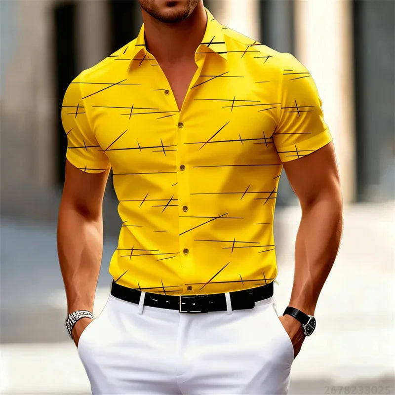 Chemise à manches courtes pour homme, 18 couleurs, nouvelle collection 2026, imprimé lignes géométriques, style urbain décontracté, col slim, tissu confortable