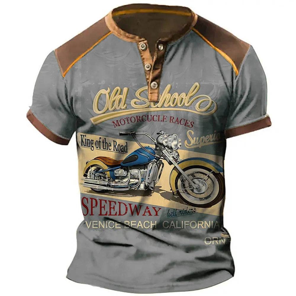 Chemises Henley pour hommes tendance, t-shirts amusants à imprimé 3D de moto, hauts décontractés d'été à manches courtes boutonnées, vêtements de sport pour la conduite en extérieur
