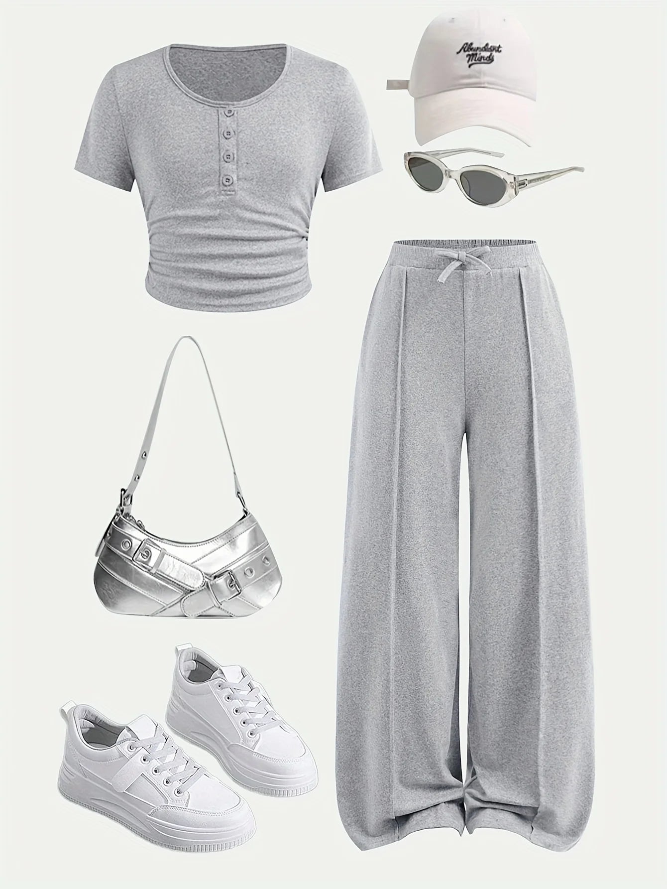 Ensemble décontracté à manches courtes pour filles : tenue d'été pour filles, t-shirt décontracté à col rond de couleur unie avec boutons décoratifs et pantalon ample à jambes droites, ensemble 2 pièces adapté aux