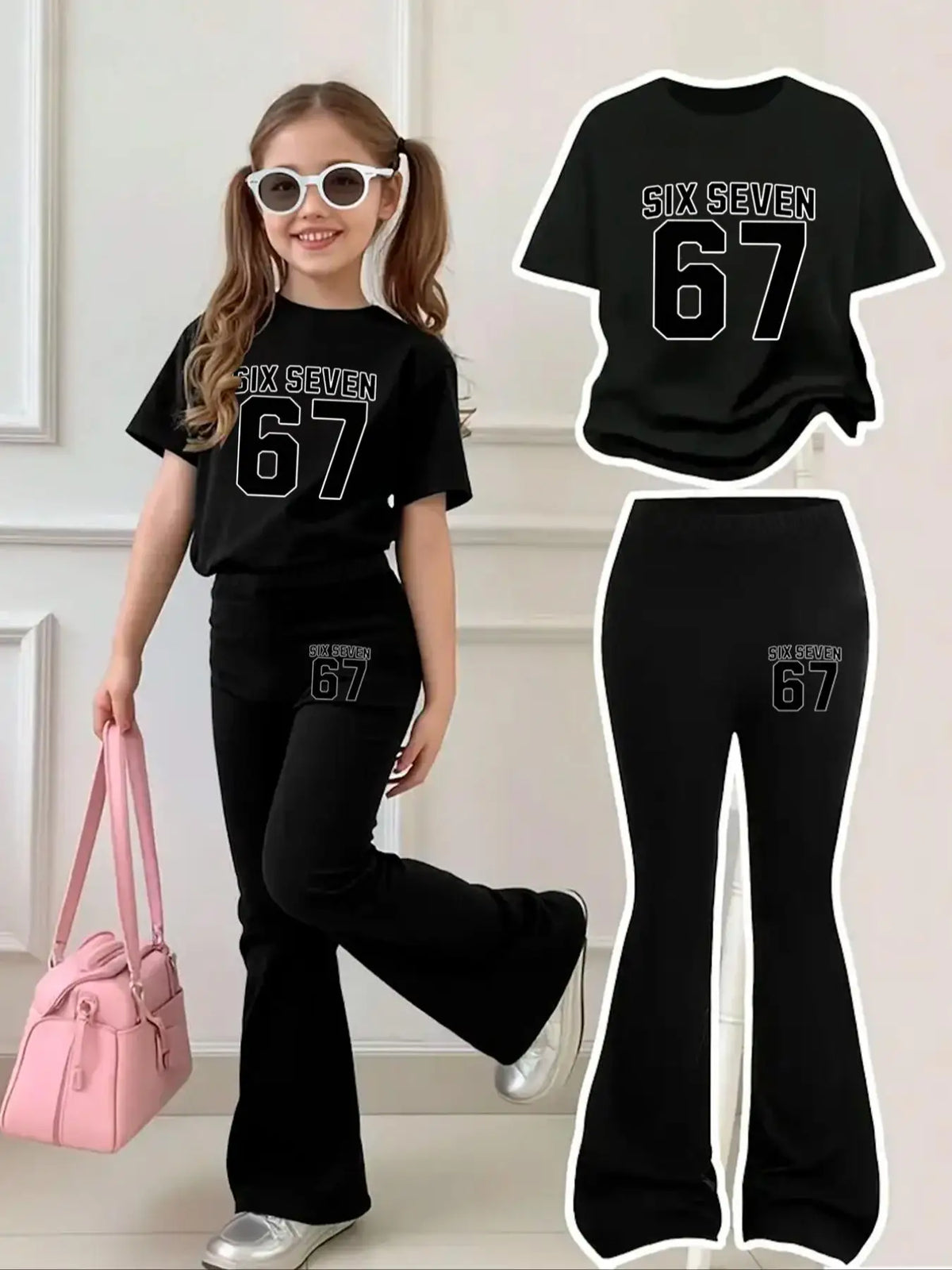 Vêtements pour enfants, ensemble à manches courtes pour filles de 4 à 12 ans, rose et noir, style doux et cool, ensemble pantalon évasé à manches courtes avec imprimé 67 Six Seven, pantalon et haut à manches courtes a