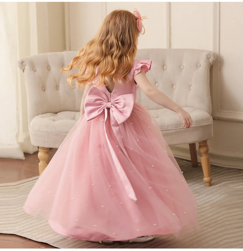 Robe de princesse d'été en tulle à fleurs pour fille, dos nu, avec nœud, pour anniversaire, mariage, piano, fête, ou tenue de cérémonie pour bébé fille