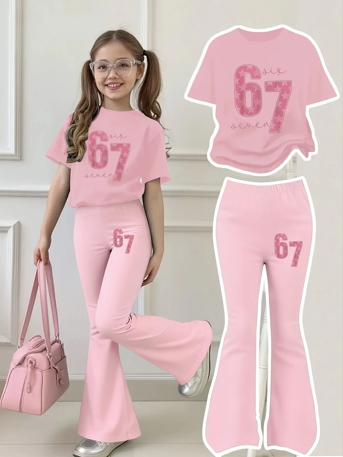 Ensemble 2 pièces pour filles, T-shirt à manches courtes et pantalon évasé, imprimé étoile rose numéro 67, ensemble streetwear décontracté pour enfants