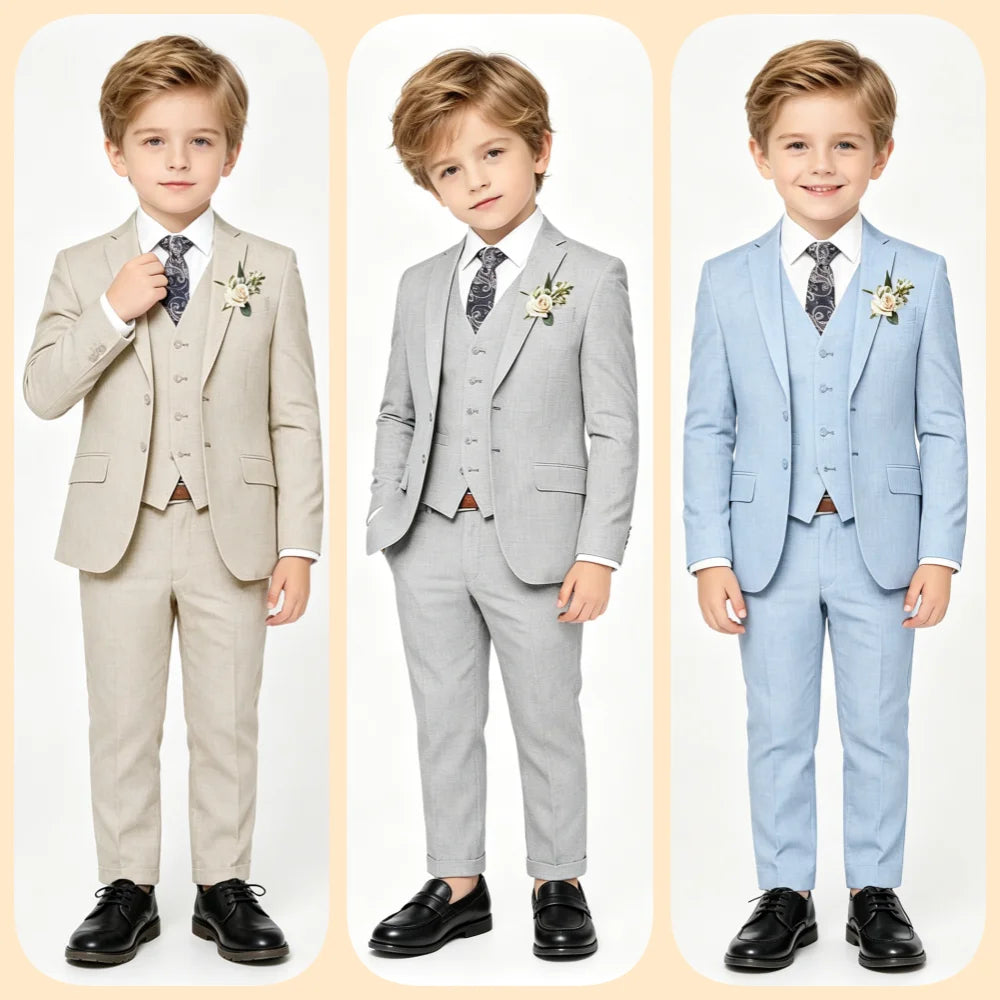 Ensemble 4 pièces élégant en lin pour garçons avec nœud papillon floral 2026 – Blazer, gilet et pantalon classiques pour le porte-anneau de mariage