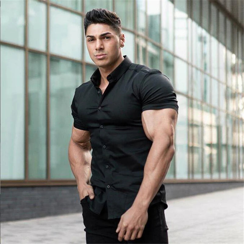 Mode d'été Super Slim Fit chemises à manches courtes hommes classique tenue décontractée chemise mâle Hipster décontracté Luxe chemise formelle