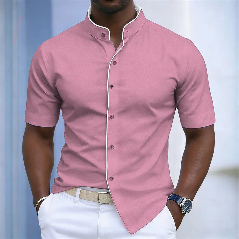 Chemise d'été pour homme à col montant et manches courtes, 20 couleurs, design color block tendance, coupe ajustée, chemise décontractée pour affaires, tailles XS-6XL