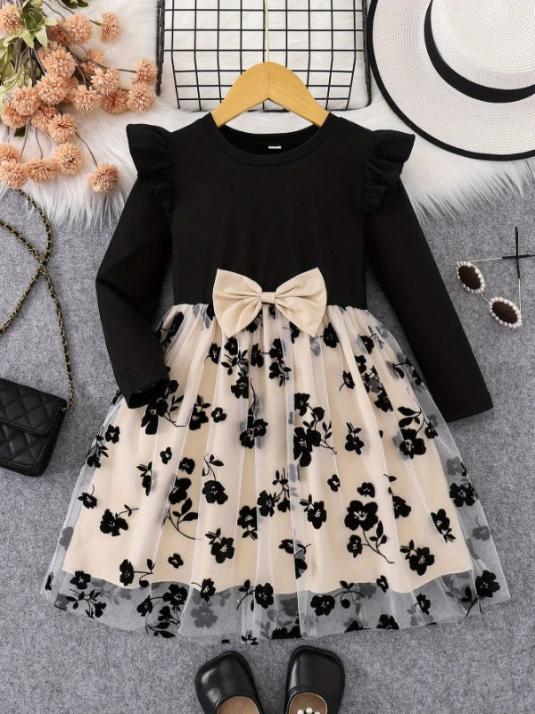 Printemps automne infantile enfant en bas âge filles col rond manches volantes épissure fleur imprimé Tulle tenue décontractée pour bébé filles