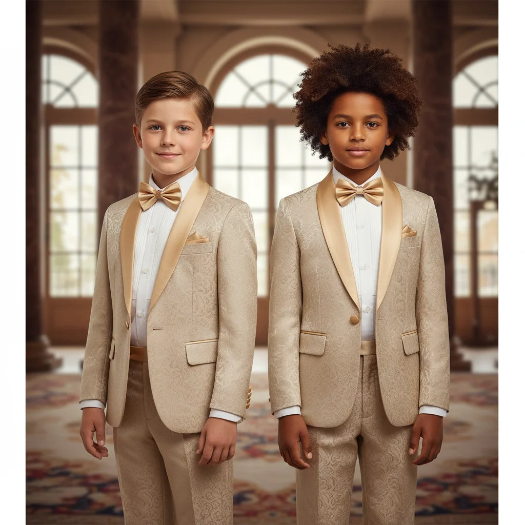 Costume de mariage formel 2 pièces en jacquard pour garçons, blazer à revers châle avec pantalon, coupe ajustée, smoking, costume d'affaires pour enfants, fête, bal de promo