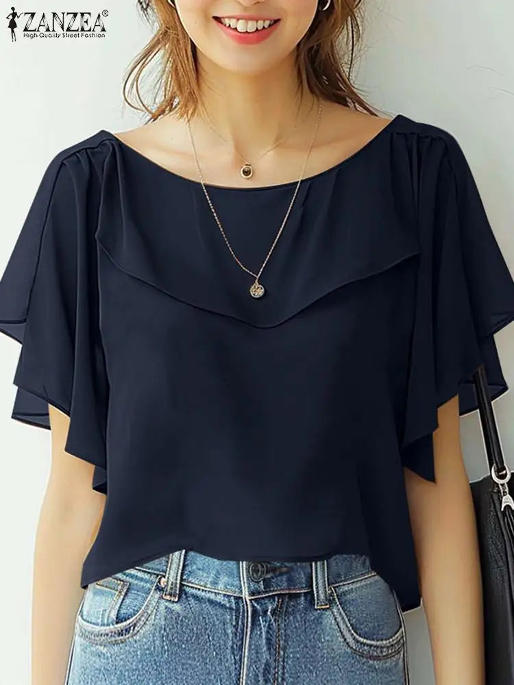 ZANZEA été femmes en mousseline de soie Blouse élégant à volants à manches courtes hauts chemise 2025 mode coréenne tunique décontractée Chic à volants ourlet Blusa