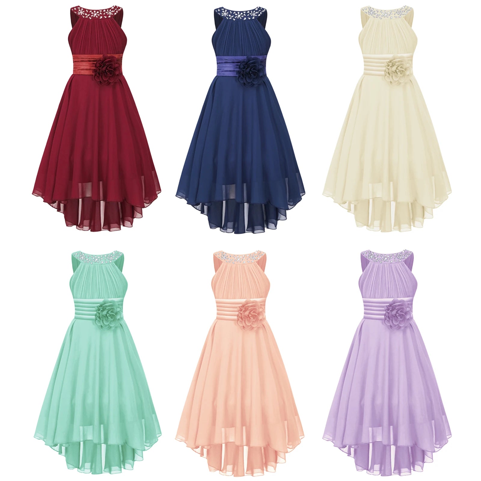 Robe de princesse à fleurs pour filles, robe formelle de demoiselle d'honneur junior, de fête de mariage, sans manches, froncée, jupe haute et basse en mousseline de soie, robes de bal