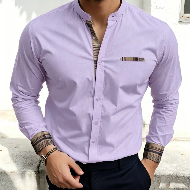 Chemise blanche à col montant pour homme, nouvelle collection, avec coutures à carreaux rétro, texture légère et luxueuse, haut à manches longues style business casual, tailles XS-6XL