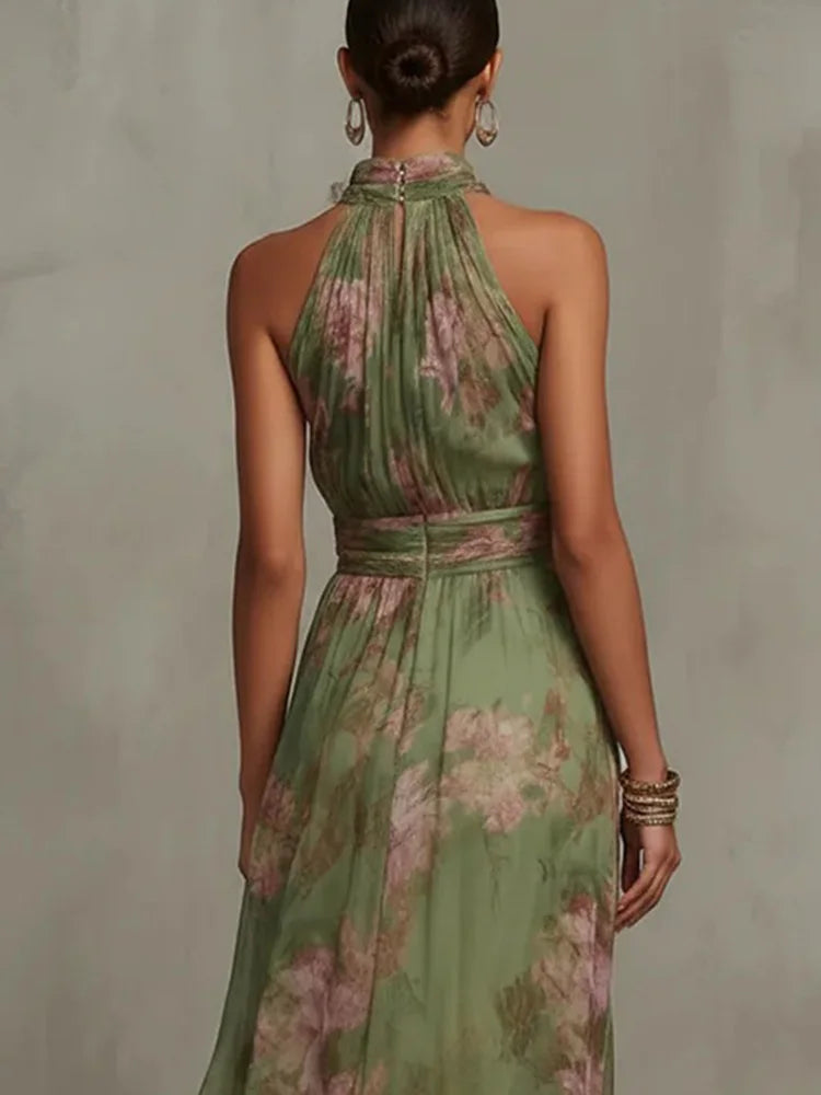 Robe de soirée fluide en mousseline de soie sans manches à col montant et taille froncée DFCF Fashion, nouvelle robe longue à imprimé floral et dos nu pour femme 2026