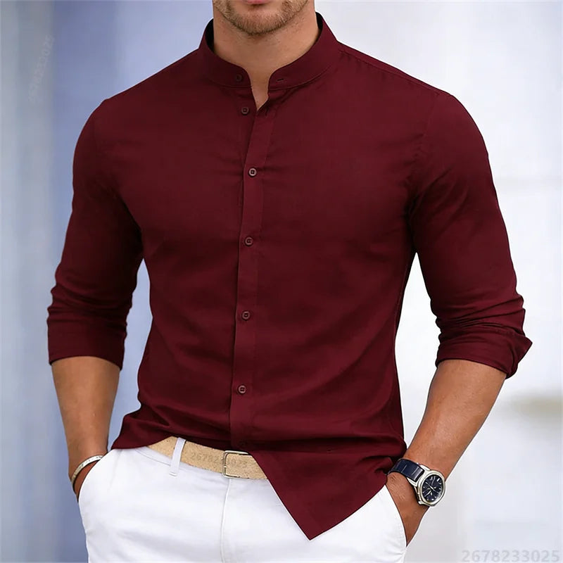 Chemise à manches longues pour homme, col montant, blanche ou noire, couleur unie, coupe ajustée, style business casual, tailles XS-6XL.