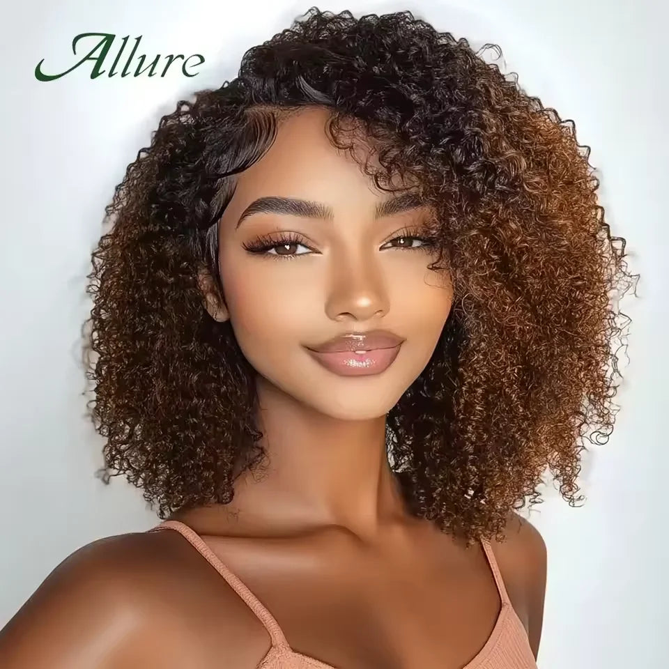 Perruques brésiliennes Jerry Curly en cheveux humains pour femmes, couleur brun foncé, cheveux courts bouclés, perruque sans colle, perruques afro crépues Allure