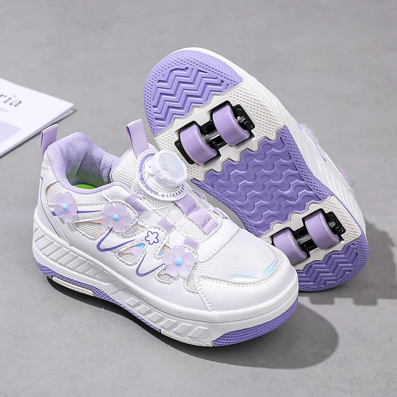 HeelysChildren petite fleur décorée quatre roues patins chaussures de sport respirant patins à roulettes filles chaussures cadeaux de vacances