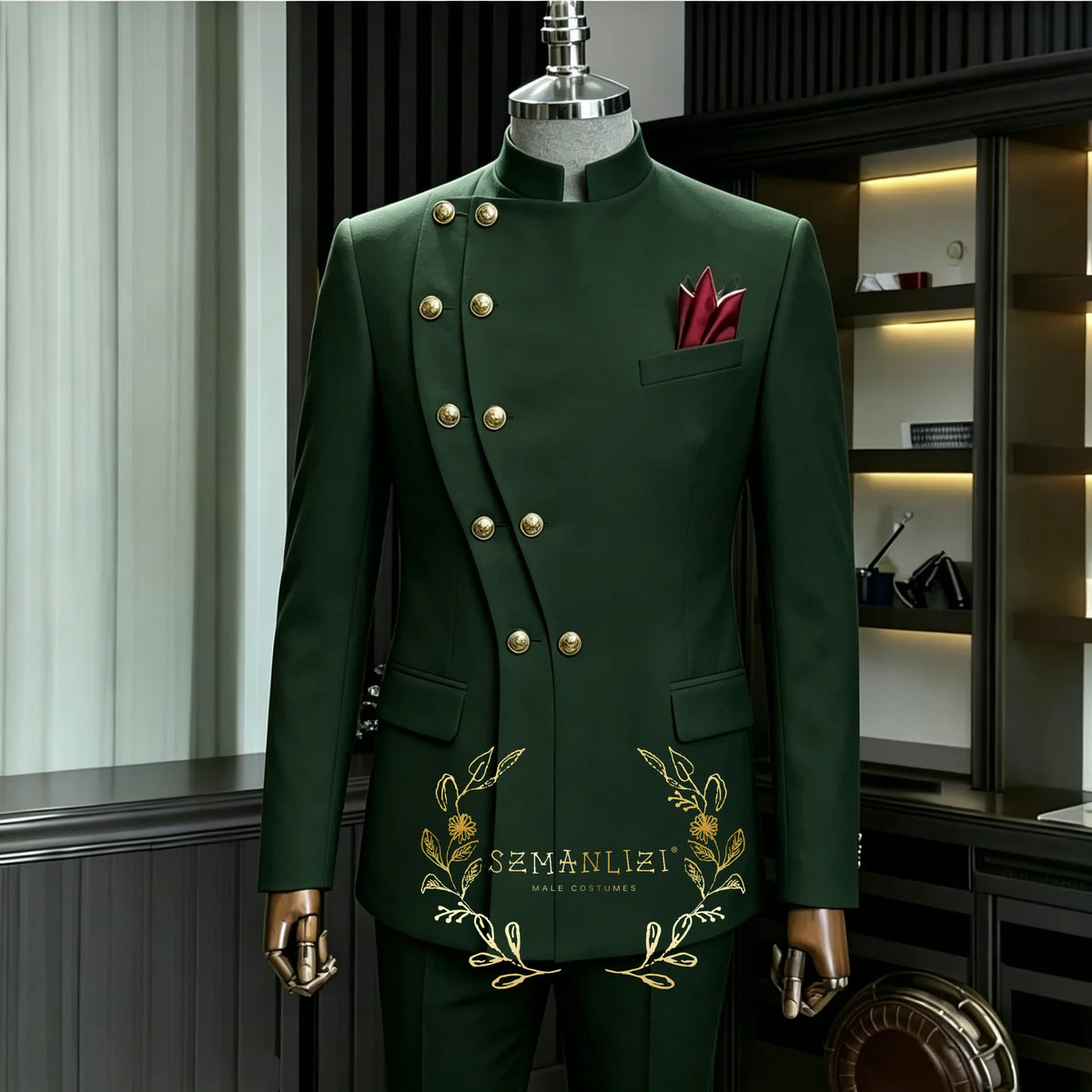 Costume de Mariage Homme Bleu Marine Croisé à Double Boutonnage Col Montant – 2 Pièces (Blazer + Pantalon) – Idéal pour le Marié ou le Garçon d'Honneur