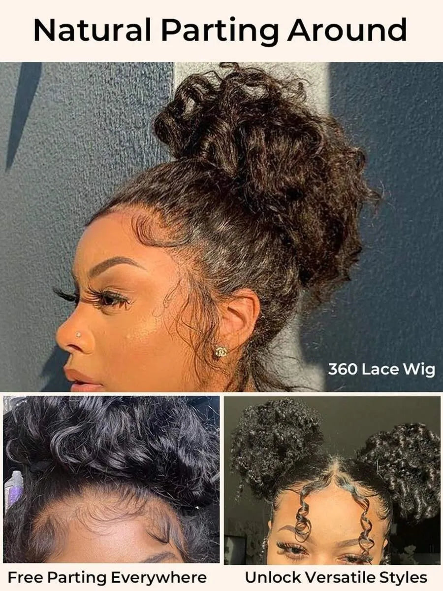 Perruques frontales ondulées profondes cheveux humains bouclés 360 HD pleine perruque de dentelle cheveux humains sangle Invisible pour les femmes noires pré plumées Nature noir