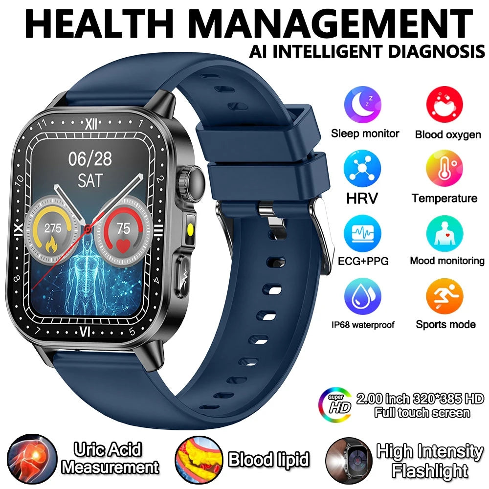 Montre connectée pour hommes et femmes, nouveau modèle d'analyse de la santé des acides uriques et des lipides, ECG + PPG, appel Bluetooth, lampe de poche 2026 pouces, 2.021