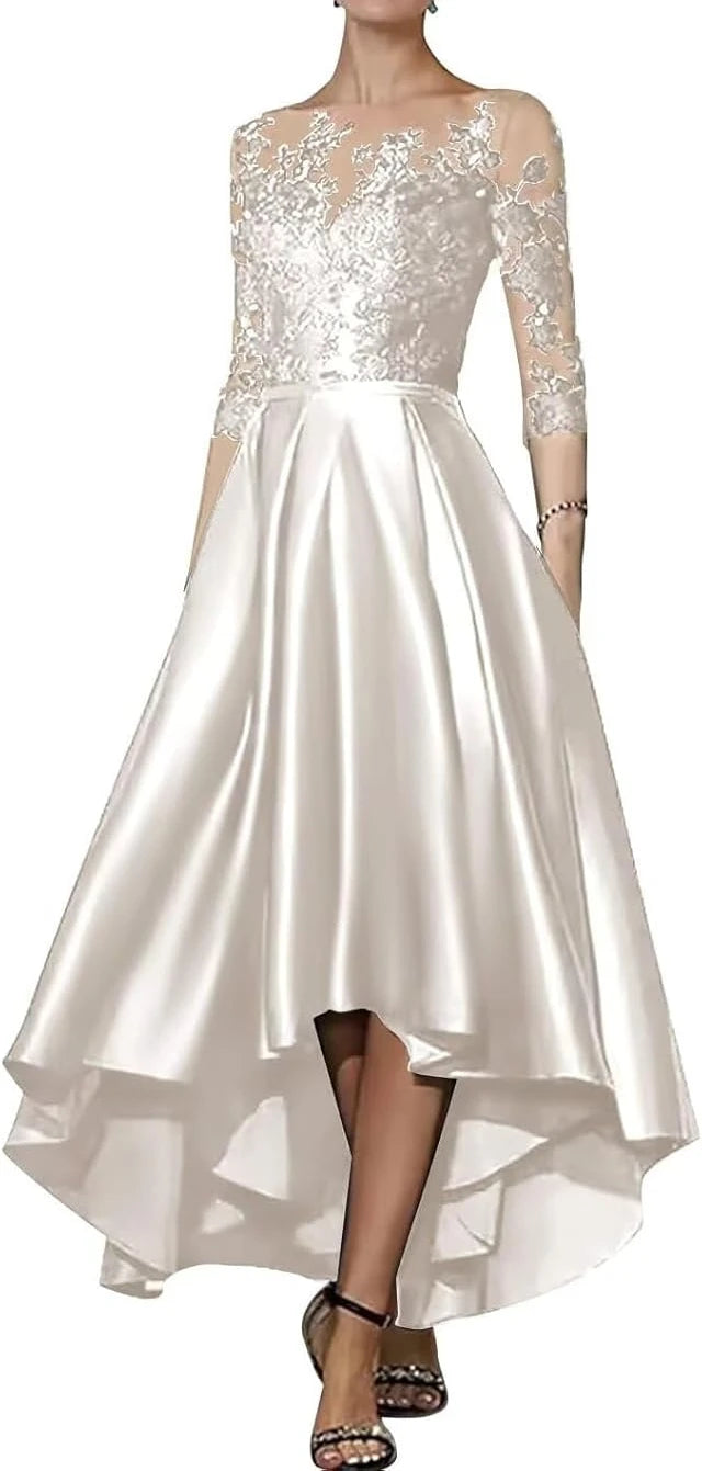Robe en satin à col en V pour mère de la mariée, robe trapèze élégante longueur thé, devant court, dos long, invité de mariage