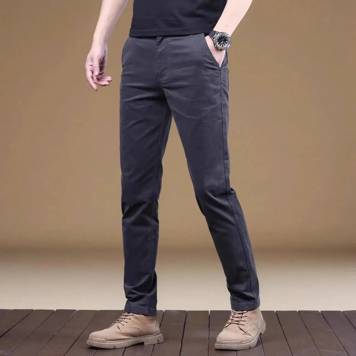 Pantalon décontracté homme été 2026 en coton fin, tendance, polyvalent, élastique, léger, pour le travail ou formel, coupe slim droite