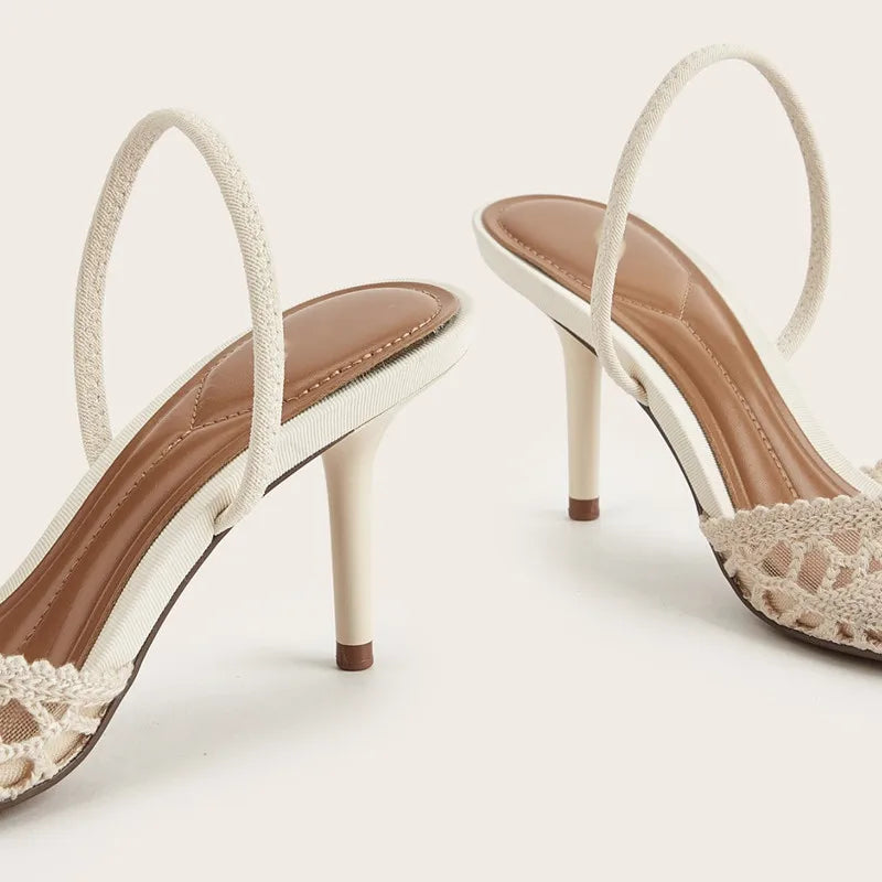 Sandales à talons hauts ajourées tissées pour femmes, sexy, à bout pointu, confortables et élégantes pour l'été