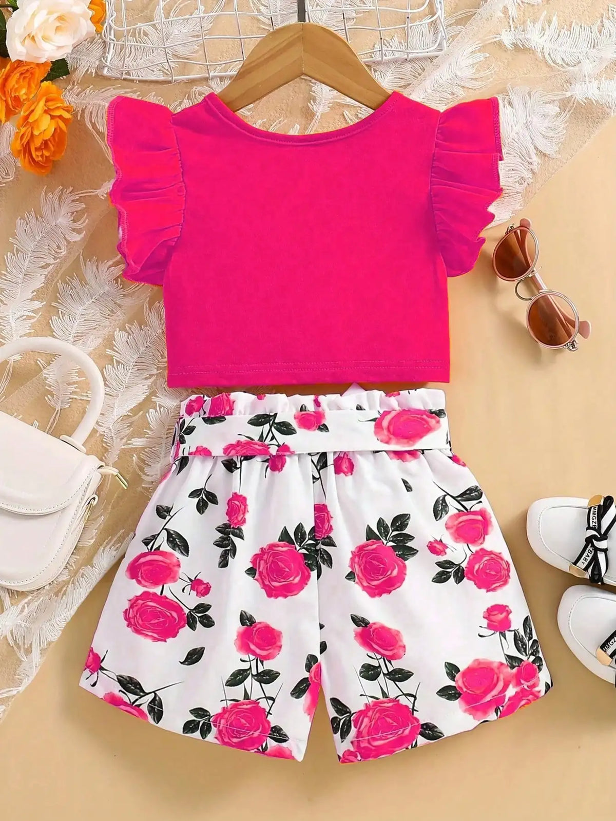 Ensemble de vêtements pour enfants, décontracté d'été, avec volants, sans manches, nœud, haut de couleur unie + short imprimé avec ceinture