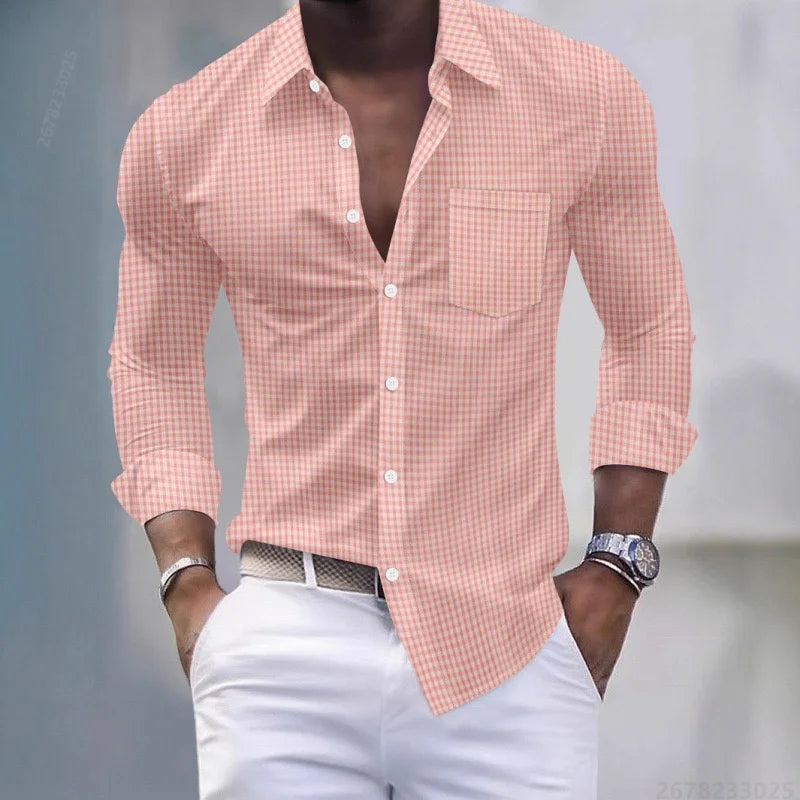 Chemise pour hommes 13 couleurs, chemise à manches longues à carreaux bleu clair et blanc, haut pour hommes coupe slim, décontracté, d'affaires et de déplacement.