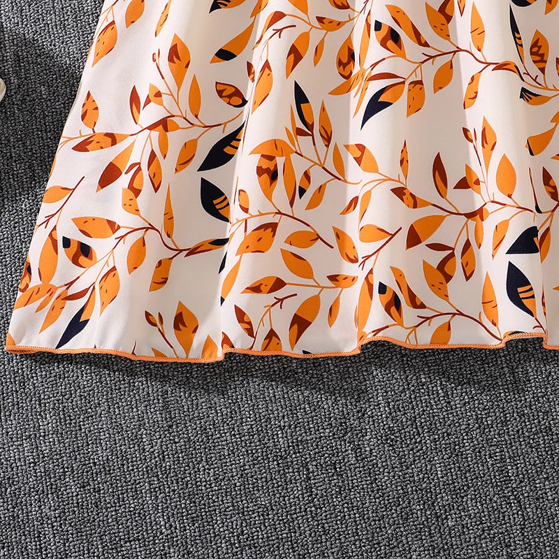 Costumes de vacances décontractés pour enfants, haut orange à manches longues, robe imprimée, vêtements de vacances pour filles, tenues pour enfants