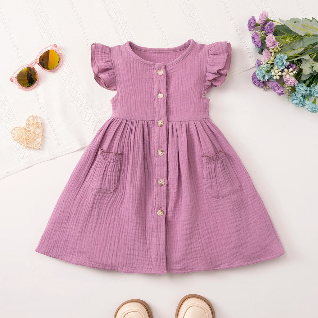 Robe d'été en mousseline de coton pour filles, manches évasées, boutons, style vintage, douce et confortable, vêtements pour filles de 1 à 7 ans