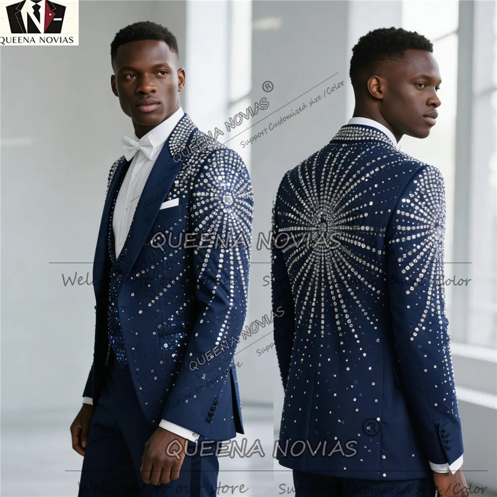 Costume de Mariage Homme Slim Fit Bleu Marine avec Paillettes Brillantes et Strass, Sur Mesure pour Cérémonie et Banquet