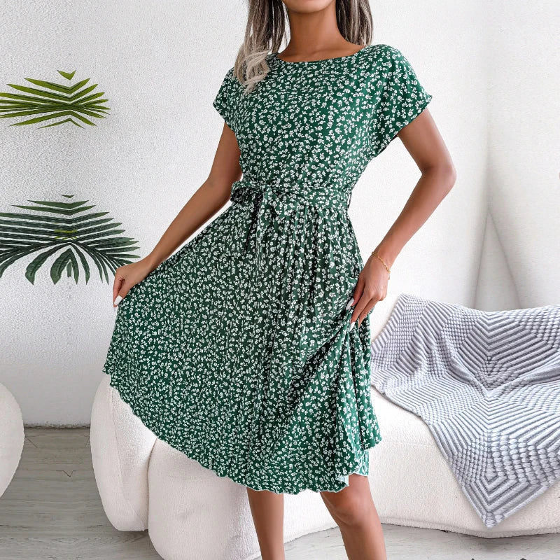 Gaun Berlipat Floral Wanita Midi Perban, Ruched Lengan, Pendek Leher-o Kasual Musim, Boho Chic A Line Pantai Wanita