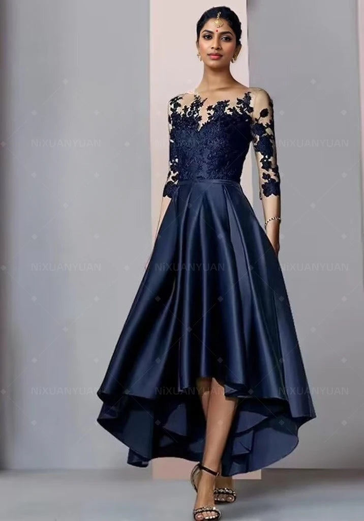 Robe en satin à col en V pour mère de la mariée, robe trapèze élégante longueur thé, devant court, dos long, invité de mariage