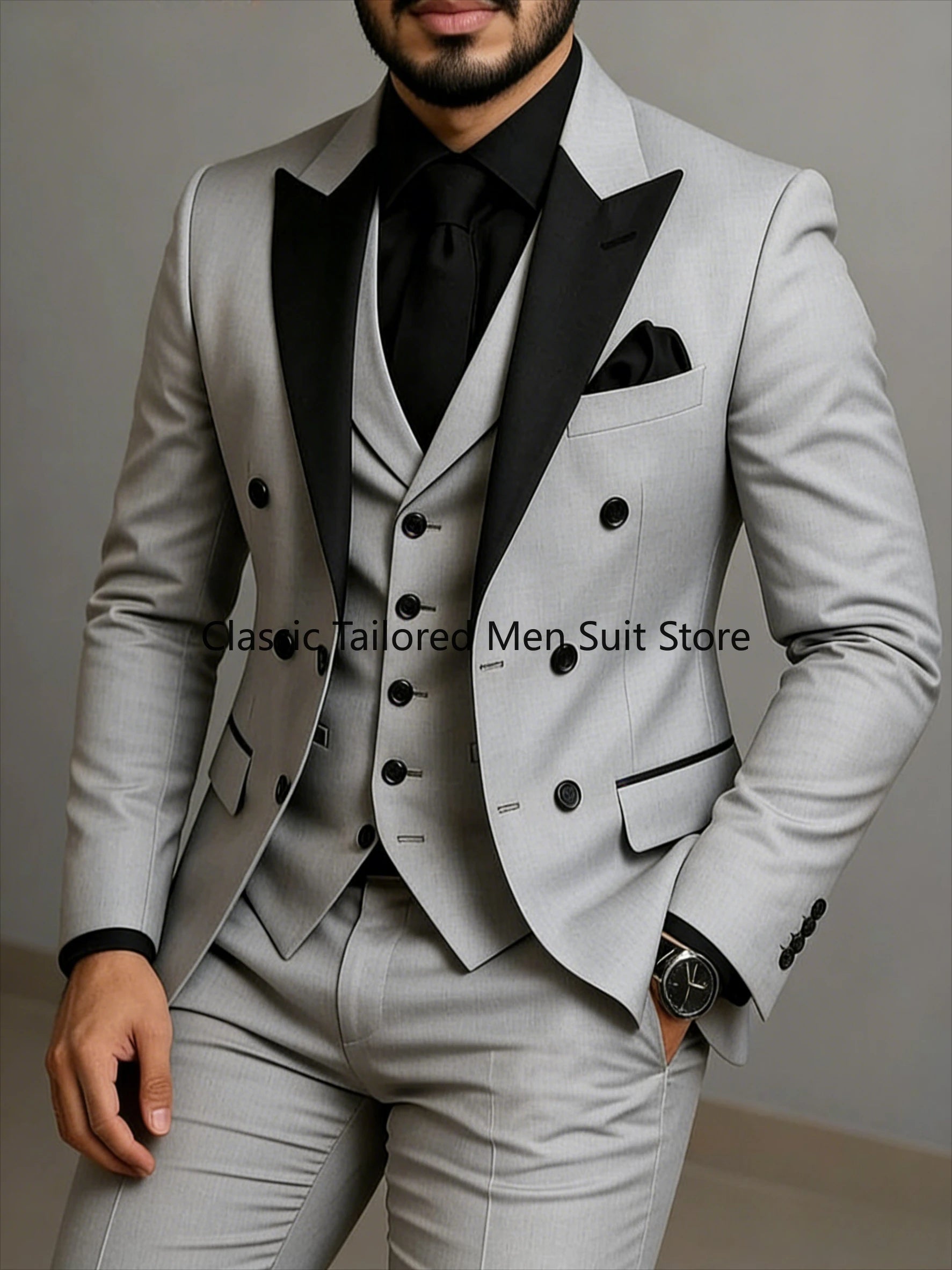 Costume beige à double boutonnage, costume de mariage ajusté à revers noir