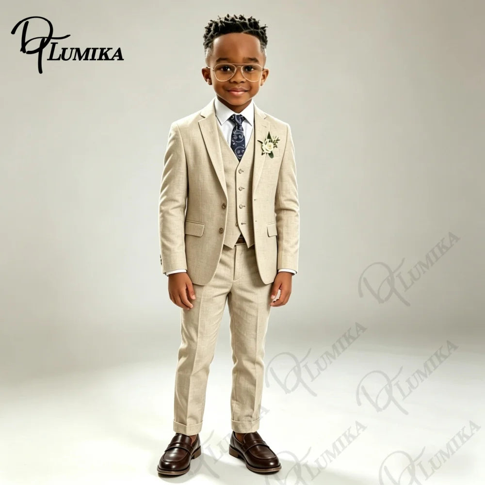 Costume élégant en lin beige pour garçons, ensemble 3 pièces avec cravate florale bleue, smoking formel haut de gamme pour mariage, porteur d'alliances, occasions spéciales d'été