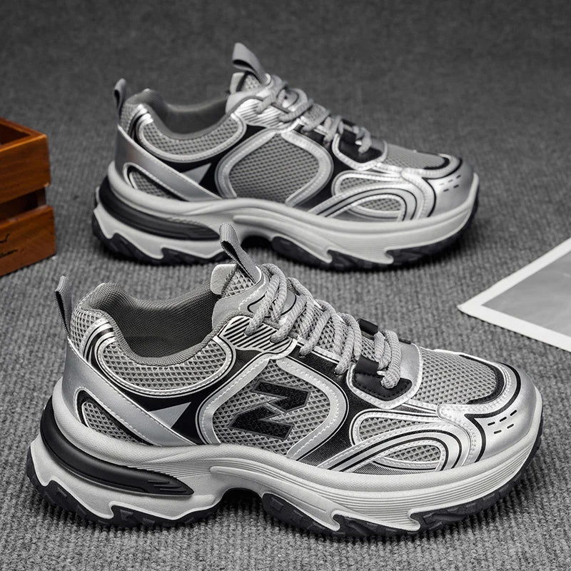 Sneakers Chunky Rétro pour Hommes |   Chaussures de course à plateforme argentées métalliques