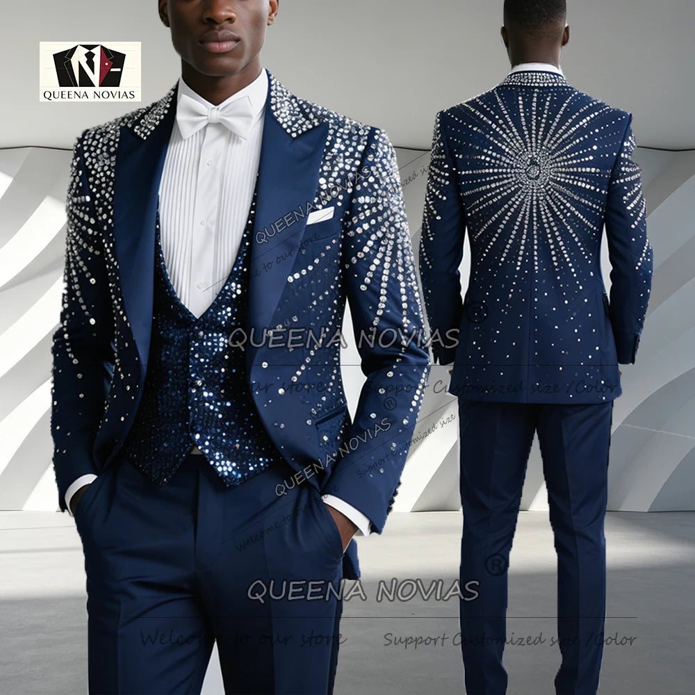 Costume de Mariage Homme Slim Fit Bleu Marine avec Paillettes Brillantes et Strass, Sur Mesure pour Cérémonie et Banquet