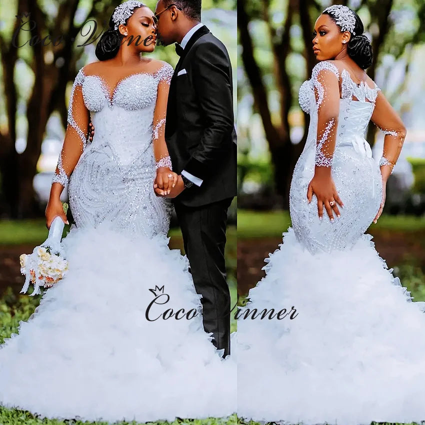 Robe de mariée sirène de luxe africaine personnalisée pour femme 2026, nouvelle collection, manches longues avec perles et sequins, dentelle, robe de mariée W1381